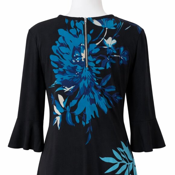 Roz & Ali Black Blue Floral Bell Sleeve Dress Size Large - Picture 11 of 12